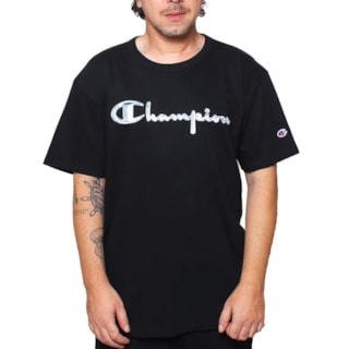 Camiseta Champion Script Global Crew Holografic Preta